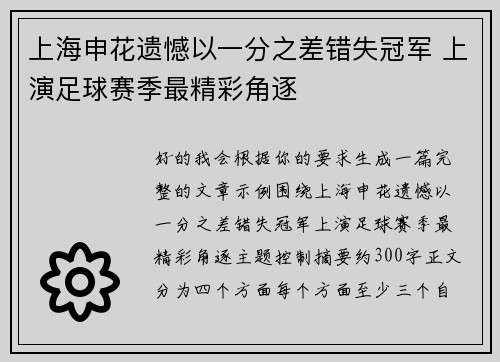 上海申花遗憾以一分之差错失冠军 上演足球赛季最精彩角逐