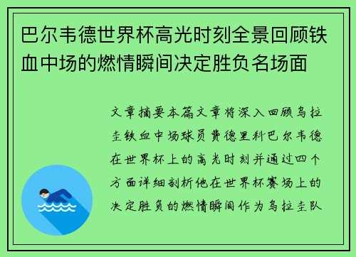 巴尔韦德世界杯高光时刻全景回顾铁血中场的燃情瞬间决定胜负名场面